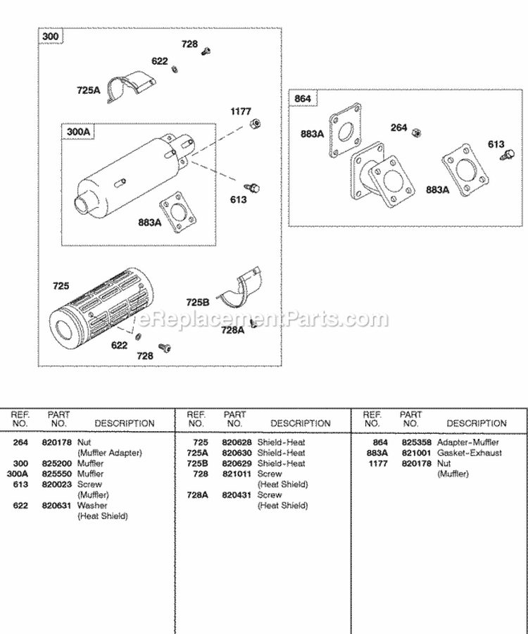Muffler Muffler Adapter Diagram and Parts List for 580447-0333-E2  Briggs and Stratton Engine